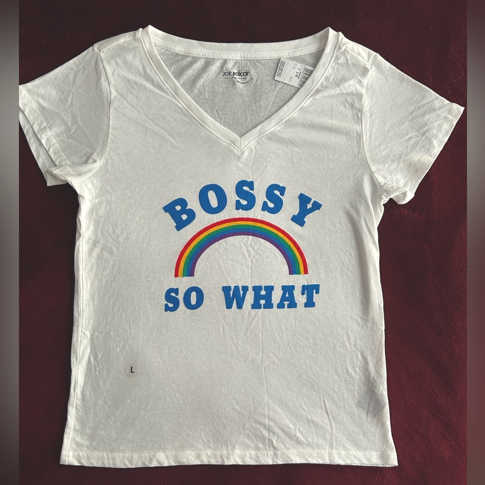 JOE BOXER T-shirt “Bossy So What?” cotton white V-neck Tee top